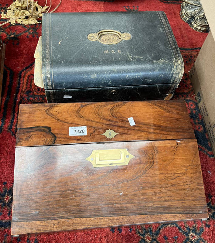 19TH CENTURY ROSEWOOD WRITING SLOPE WITH BRASS MOUNTS & A LEATHER CARVED WRITING BOX WITH ETCHED