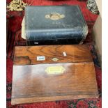 19TH CENTURY ROSEWOOD WRITING SLOPE WITH BRASS MOUNTS & A LEATHER CARVED WRITING BOX WITH ETCHED