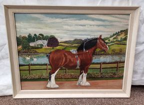 WILLIAM ROBBIE CLYDESDALE STALLION SIGNED FRAMED OIL ON BOARD 36 X 49.