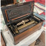 19TH CENTURY INLAID WALNUT CASED MUSIC BOX PLAYING ON BELLS (AF), 70.