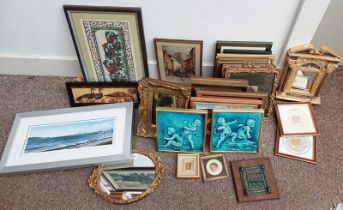 LARGE SELECTION OF PRINTS, PORCELAIN PLAQUES, GILT FRAMED ENGRAVINGS, ETC.