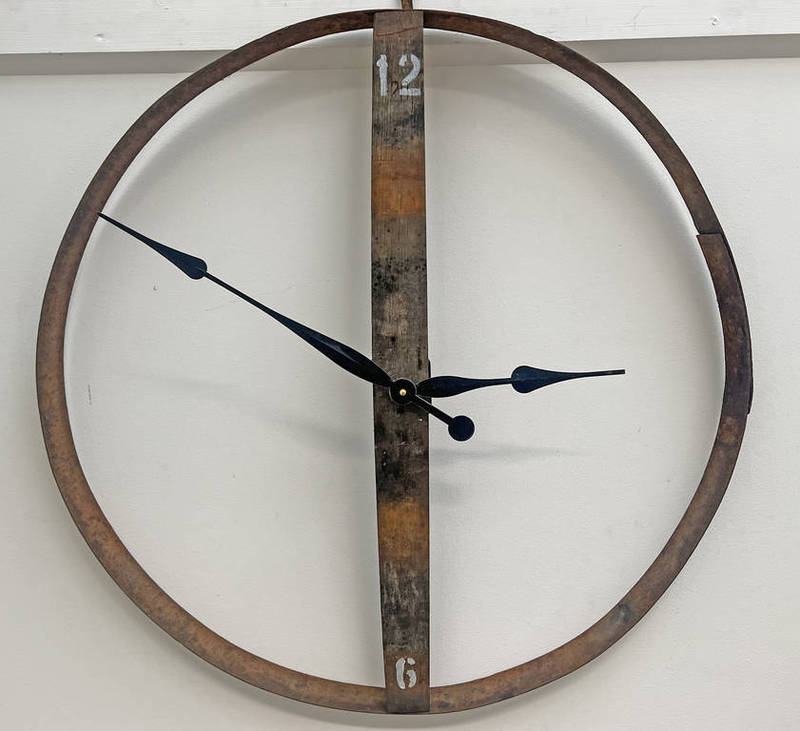 WHISKY BARREL WALL CLOCK, WHISKY BARREL STAVE TO MIDDLE WITH METAL RING,