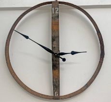 WHISKY BARREL WALL CLOCK, WHISKY BARREL STAVE TO MIDDLE WITH METAL RING,