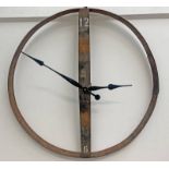 WHISKY BARREL WALL CLOCK, WHISKY BARREL STAVE TO MIDDLE WITH METAL RING,