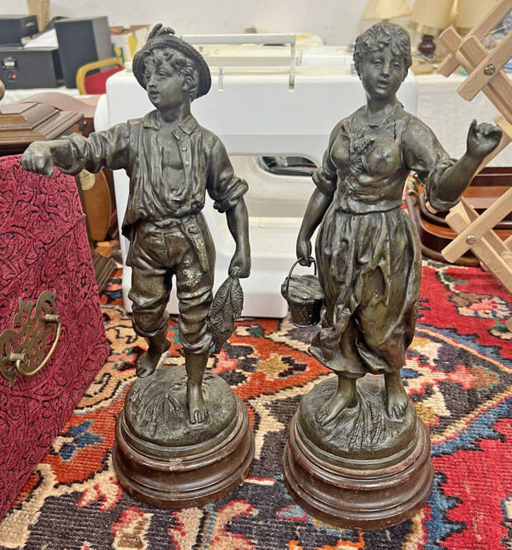 PAIR OF SCULPTED METAL FIGURES OF A BOY & GIRL, SIGNED ROUSSEAU TO BASE OF EACH, ON WOODEN BASE,