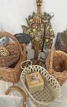 BRASS CORINTHIAN COLUMN TABLE LAMP, WICKER BASKET, WINE STAND, METAL BASKET,