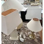 BRASS LAMP, CUT GLASS LAMP & 2 PORCELAIN LAMPS, ALL WITH SHADES,