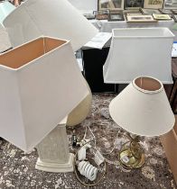 BRASS LAMP, CUT GLASS LAMP & 2 PORCELAIN LAMPS, ALL WITH SHADES,