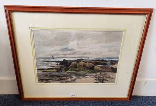 ALEXANDER BALLINGALL 'FISHING BOATS OFF THE NORTH EAST COAST' SIGNED FRAMED WATERCOLOUR 34CM X 50