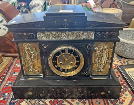 19TH CENTURY BRASS & BLACK SLATE MANTLE CLOCK,