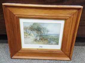 JANE E SPINDLER COUNTRY SCENE WITH CHICKENS SIGNED FRAMED WATERCOLOUR 18 X 26 CM