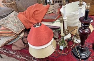SELECTION OF CANDLESTICK LAMPS, CUSHIONS,