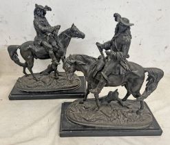 PAIR OF METAL FIGURES ON HORSEBACK ON WOODEN BASES,