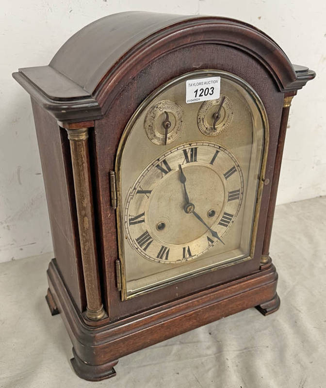 HAC MAKE MAHOGANY MANTLE CLOCK WITH BRASS FITTINGS & INNER MECHANISMS,