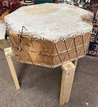 OCTAGONAL WOOD & ANIMAL SKIN DRUM WITH WOODEN STAND (AF) 76CM ACROSS