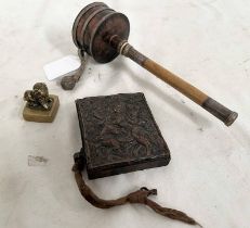 TIBETAN/BUDDHIST MONK SPINNING PRAYER WHEEL WITH COPPER HEAD ON A BAMBOO & WHITE METAL MOUNTED