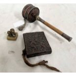 TIBETAN/BUDDHIST MONK SPINNING PRAYER WHEEL WITH COPPER HEAD ON A BAMBOO & WHITE METAL MOUNTED