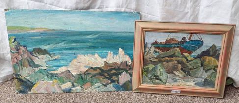 META MESTON, 'ROCKY COAST', UNFRAMED OIL ON BOARD - LABEL TO REVERSE, 35 CM X 53 CM AND 'SHIPWRECK',