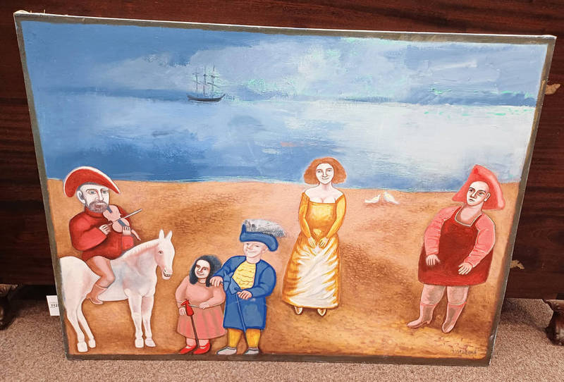 MCVEIGH PARTY ON THE BEACH SIGNED UNFRAMED OIL PAINTING 92 X 121 CM