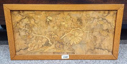 WALNUT PANEL WITH DECORATIVE INLAY IN OAK FRAME,