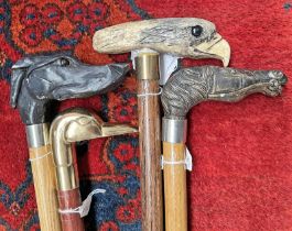 4 MODERN NOVELTY WALKING STICKS WITH ANIMAL HEAD TOPS,