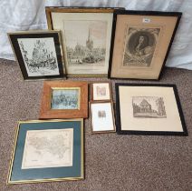 SELECTION OF ETCHINGS & ENGRAVINGS, ETC TO INCLUDE; FRAMED ENGRAVING OF KING CHARLES II,