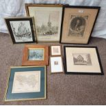 SELECTION OF ETCHINGS & ENGRAVINGS, ETC TO INCLUDE; FRAMED ENGRAVING OF KING CHARLES II,