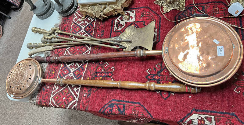 2 19TH CENTURY COPPER & WOOD BED WARMING PANS, 1 WITH PIERCED STARS & LOWE HEARTS TO BODY,