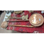 2 19TH CENTURY COPPER & WOOD BED WARMING PANS, 1 WITH PIERCED STARS & LOWE HEARTS TO BODY,