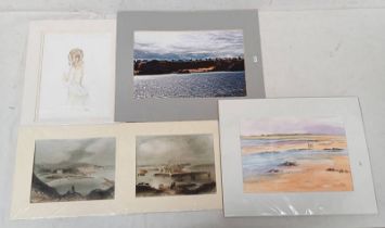 SELECTION OF UNFRAMED PICTURES TO INCLUDE ; LESLEY M RENNIE, FOOTIE ON THE BEACH, SIGNED ,