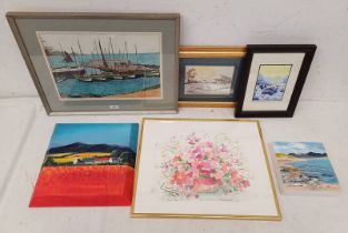 SELECTION OF WATERCOLOUR AND OIL PAINTINGS ETC TO INCLUDE, C HAMILTON, 'BANFFSHIRE HARBOUR SCENE',