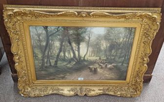 GILT FRAMED COLOURED PRINT OF SHEEP IN A WOODLAND SCENE AFTER JOSEPH FARQUARSON,