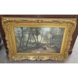 GILT FRAMED COLOURED PRINT OF SHEEP IN A WOODLAND SCENE AFTER JOSEPH FARQUARSON,