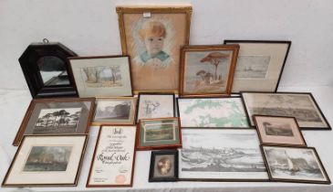 SELECTION OF PRINTS, ETC TO INCLUDE; GILT FRAMED PASTEL PORTRAIT OF A YOUNG BOY,