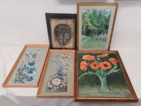 META MESTON, 2 FRAMED PAINTINGS; STILL LIFE OF POPPIES, OIL ON BOARD, & FOREST SCENE, PASTEL,