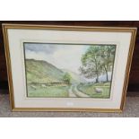 ROBIN DAVIDSON THE WAY TO THE FELLS SIGNED FRAMED WATERCOLOUR 33 X 50 CM