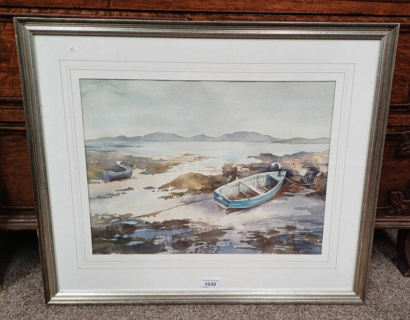 FRAMED WATERCOLOUR OF A WEST COAST SCENE WITH ROW BOAT ,