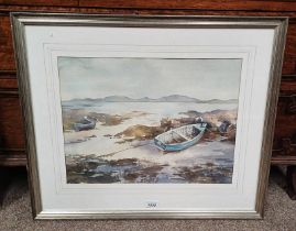 FRAMED WATERCOLOUR OF A WEST COAST SCENE WITH ROW BOAT ,