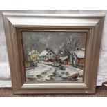 'WOMAN ON BRIDGE IN WINTER' BEARS SIGNATURE DEKKERT FRAMED OIL ON BOARD 29.