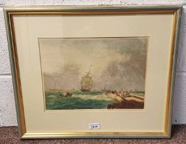 D J SMART SAILING SHIP ENTERING HARBOUR SIGNED COLOURED LITHOGRAPH 24 X 35 CM