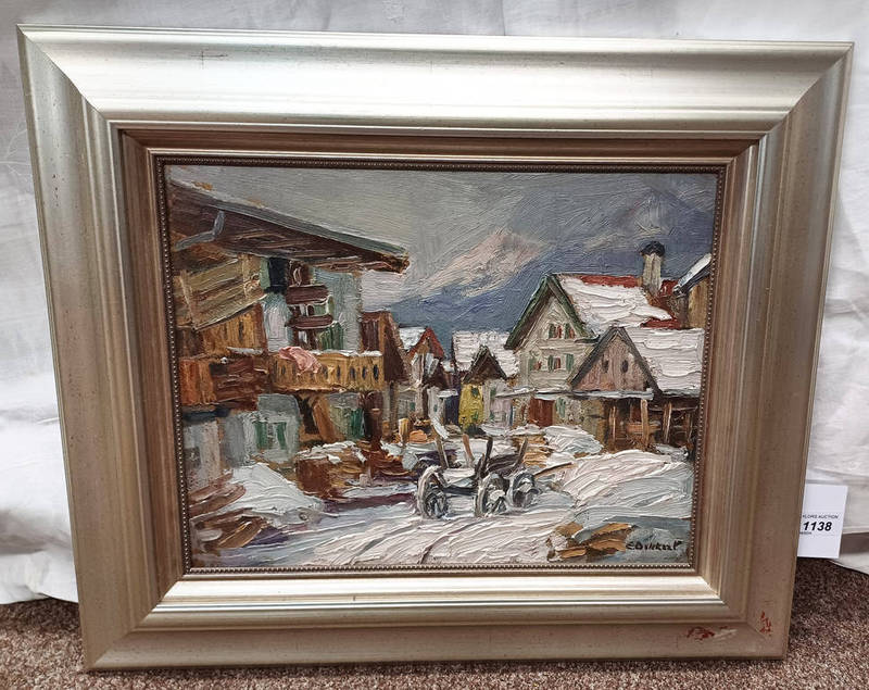 'WINTER VILLAGE SCENE' BEARS SIGNATURE E DEKKERT FRAMED OIL ON BOARD LABEL TO REVERSE 30.