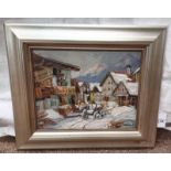 'WINTER VILLAGE SCENE' BEARS SIGNATURE E DEKKERT FRAMED OIL ON BOARD LABEL TO REVERSE 30.