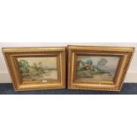 W S MYLES, RIVER COTTAGE SCENES, 1 SIGNED, PAIR OF GILT FRAMED WATERCOLOURS,