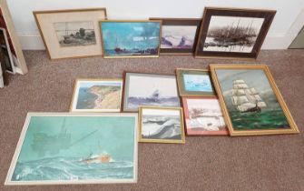 SELECTION OF MARITIME THEMED PICTURES, ETC TO INCLUDE; KEITH SHACKLETON, 'OIL RIG SCENE', PRINT, R.