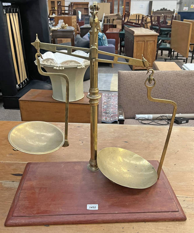 SET OF LARGE BRASS SCALES ON WOODEN PLINTH