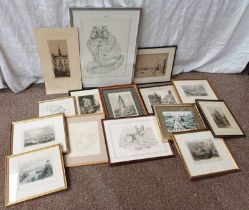 SELECTION OF FRAMED ETCHINGS, DRAWINGS ETC TO INCLUDE ; KATHARINE EDGAR, "JACK" EDGAR, SIGNED,