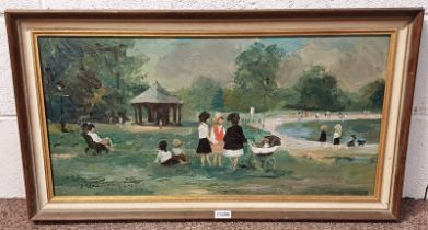 MANNER OF HELEN BRADLEY (1900-1979) WOMEN & CHILDREN BY A LAKE INDISTINCTLY SIGNED 36 X 75 CM