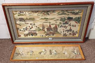 JAPANESE NEEDLEWORK OF COUNTRY SCENES TOGETHER WITH A PRINT OF MONGOL HORSEMEN Condition