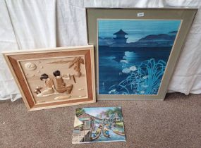 UNFRAMED OIL PAINTING OF AN ORIENTAL FISHING VILLAGE, SIGNED CHAS,