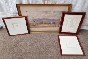 HW TROLLOP, MOUNTAIN SCENE, SIGNED, FRAMED WATER COLOUR, TOGETHER WITH 2 ETCHINGS OF NUDE FIGURES,